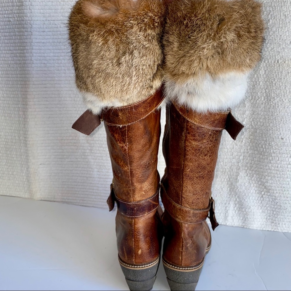 HVOFFERS🔜 8 Leather Rabbit Fur Wedge Heel Boots - Picture 3 of 8